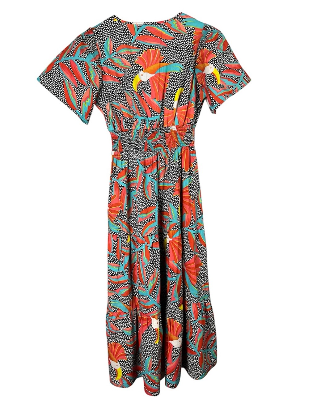 Tropical Floral Polka Dot Tiered Maxi Dress Smocked Waist Short Sleeve Size L - Picture 2 of 5